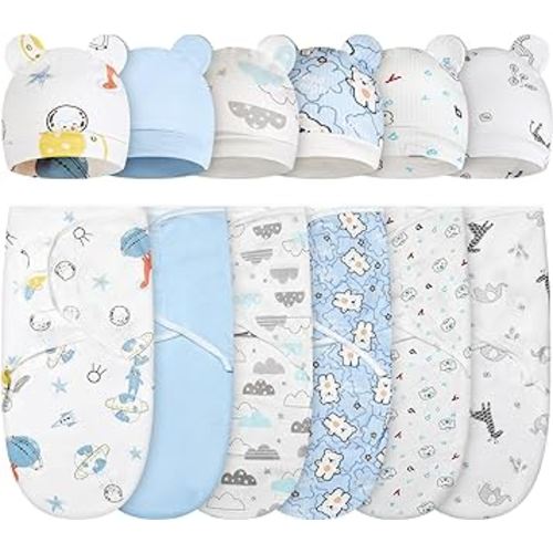 ramede 6 Pack Baby Swaddle Blanket with Hats Set for 0-3 Months Preemie Newborn Sacks Soft Cotton Wearable for Baby Boy and Girl (Blue,Bear)