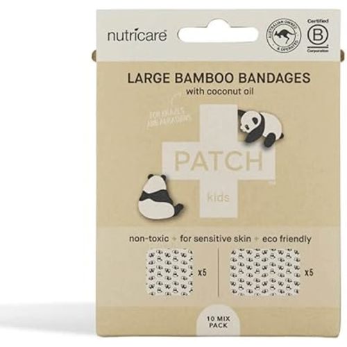 PATCH Large Sensitive Skin Bandages - Coconut Oil Square and Rectangle Natural Bamboo Latex-Free, Compostable, Hypoallergenic Bandages for Sensitive Skin, Eco-Friendly, 5 Square, 5 Rectangle, 10ct