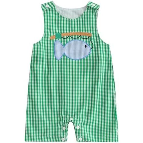 Newborn Baby Boy Fishing Outfit Fish Romper Sleeveless Overalls Plaid Shortalls Jumpsuit Infant Summer Clothes