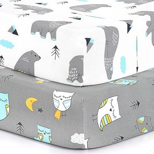 Pack n Play Sheets, BROLEX 2 Pack Mini Crib Sheets,Stretchy Portable Fitted Playard Sheet Set, Convertible Playard Mattress Cover,Ultra Soft Breathable Material,Owl & Bear