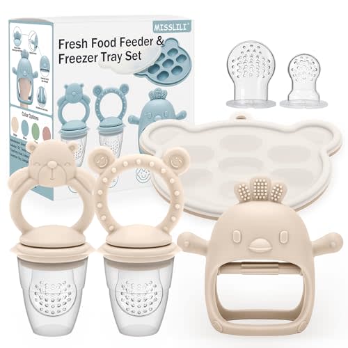 4 Pack Silicone Teething Mitten for Babies with Baby Fruit Food Feeder & Freezer Tray Set, BPA Free Infant Teething Relief Toy for 3 Month+, Additional Silicone Sacs (Bear&Smile Beige)