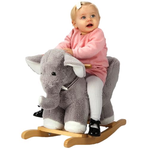 Rocking Horse Elephant, Baby Animal Rocker, Rocking Horse with Seat, Ride on Horse, Plush Rocking Horse with Sweet Music, Wooden Rocking Horse for Toddlers 1-3, (Gray Elephant), CPC Certified