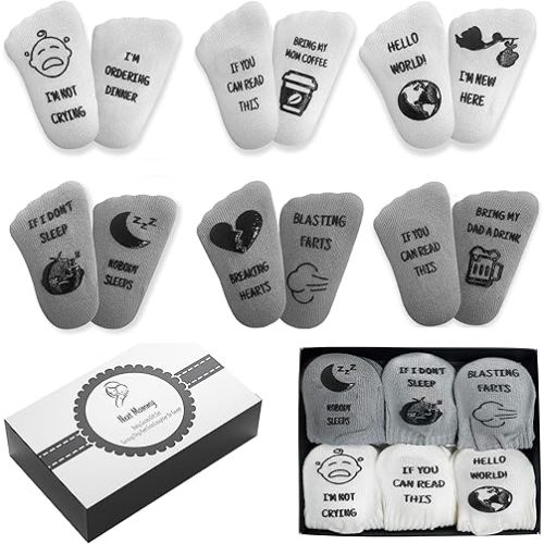 Baby Socks Gift Set for Boys & Girls - 6 Hilarious Gender Neutral Designs Perfect for Baby Shower - Cute Newborn Baby Socks for Baby Registry Search (0-12 Months)