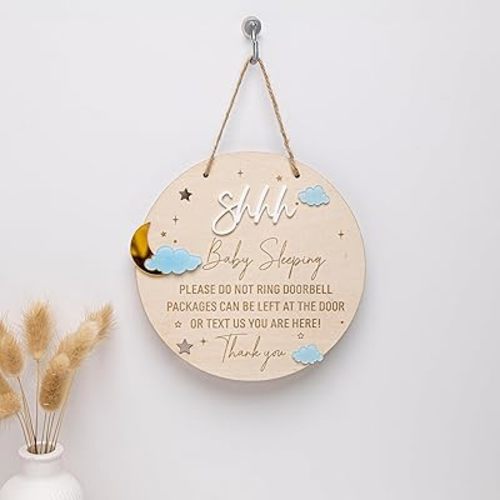Wooden Baby Sleeping Hanging Sign Plaque, Do Not Knock Or Ring The Bell, Round Wooden Door Hanger for Baby Room, Nursery, Front Door, Door Knob Decor (Moon)