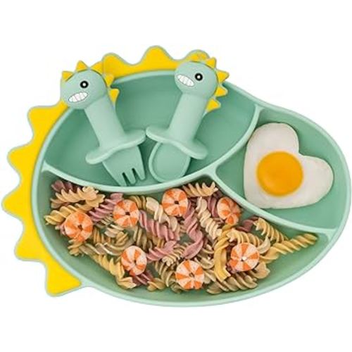 Suction Plates for Baby,Silicone Toddler Plates with Spoon Fork set Divided Dinosaurs Plates Self Feeding Training Baby Dinner Plate-Green Dinosaurs Plate Set
