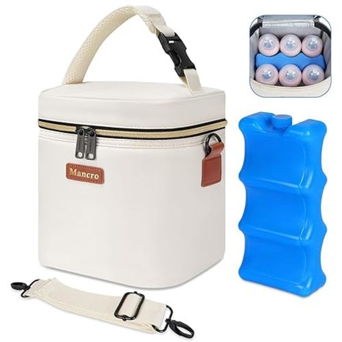 Mancro Breastmilk Cooler Bag with Ice Pack, Fits 6 Insulated Baby Bottles Up to 9 Ounce, Breast Milk Cooler for Nursing Mom (Cream)