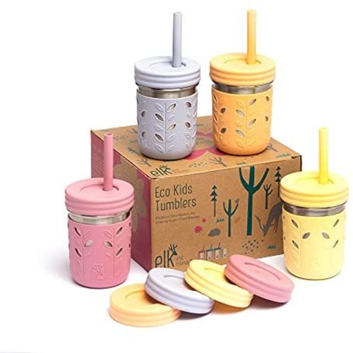 Elk and Friends Stainless Steel Cups | Mason Jar 10oz | Kids & Toddler Cups with Silicone Sleeves & Silicone Straws with Stopper | Spill proof cups for Kids, Smoothie Cups