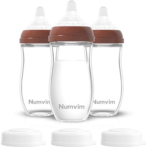 Natural Glass Baby Bottles Set, Gentle Medium Flow, Anti Colic Bottles for 3 + Months Breastfed Babies, 3 Packs (Brown, 8oz)