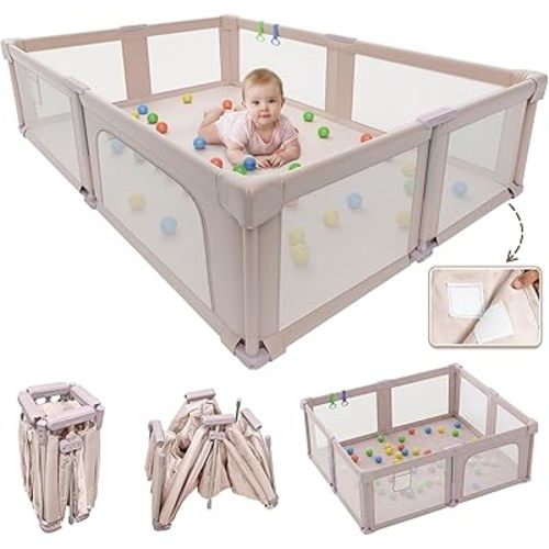 Foldable Playpen with Mat for Babies and Toddlers, 73" x 61" Baby Play Pen for Indoor & Outdoor, Playard with Soft Breathable Mesh, Pull-Link and Ocean Balls, Pink