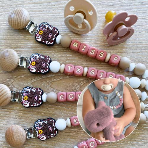 Highland Cow Silicone Pacifier Clip • Personalize with Newborn Baby Girl Name • Custom New Mom Gift • Cowgirl Baby Shower