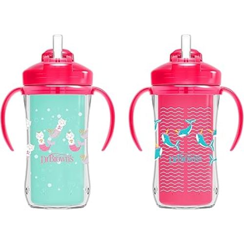 Dr. Brown's Milestones Insulated Sippy Cup with Straw and Handles, Spill-Proof Tumbler with Lid, 2-Pack, Pink, 10 oz/300 mL, BPA Free, 12m+