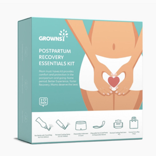 Grownsy Postpartum Essentials Recovery Kit for Labor & Delivery | Postpartum Kit for Women | Includes Upside Down Peri Bottle, Perineal Spray, Cooling Pad Liners, Ice Packs & Disposable Underwear