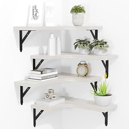 Corner Floating Shelves Wall Mounted Set of 4, Rustic Wood Storage Display Wall Shelves for Home Decor, Bathroom, Kitchen, Bedroom, Living Room, Office (White)