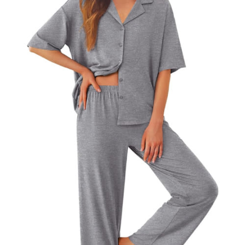 Ekouaer Women Pajamas Set Button Down Sleepwear Short Sleeve Pjs Soft Comfy Nightwear with Long Pants S-XXL