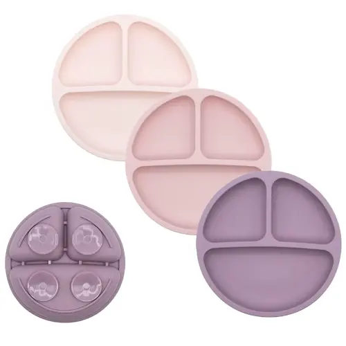 WeeSprout Suction Plates for Babies & Toddlers - 100% Silicone, Dinnerware Stays Put, Divided Design for Picky Eaters, Microwave & Dishwasher Friendly, 3 Pack (Matte Pink, Purple & Blush Pink)