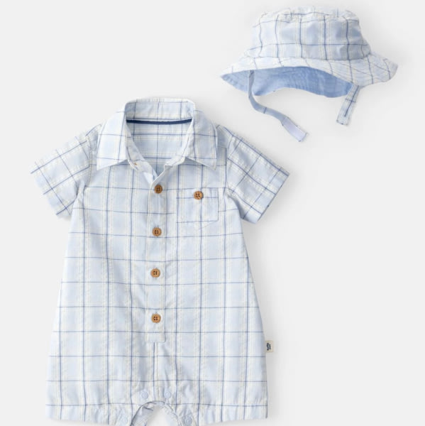 Baby Boy 2-Piece Plaid Romper & Hat Set - Blue | Carter's