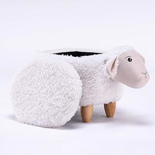 Home 2 Office Sheep Ottoman with Storage for Bedroom, Playroom, Nursery or Recreation Room Decor, Soft Animal-Shaped Ottoman with Wooden Legs