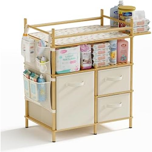 Amazer Baby Changing Table, Bamboo Diaper Changing Station with 3 Removable Storage Drawers, Baby Dresser Table with Flat Top, Large Storage Nursery Organizer Shelves with Pad, Mesh Pocket