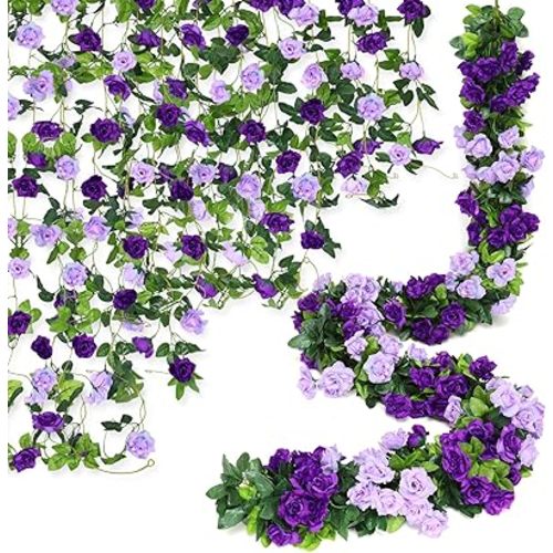 Floweroyal 6 Pack Artificial Flower Garlands 7.9FT Fake Rose Vines Silk Flowers Hanging Rose Ivy for Wedding Arch Party Home Garden Wall Decor (Purple)