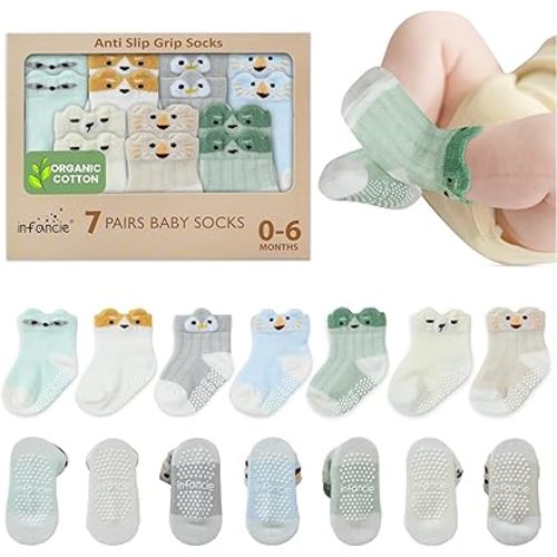 Infancie Organic Baby Socks – 7 Pairs of Soft Infant Socks for Newborn Boys & Girls (0-6 Months) – Breathable, Cute Animal Design