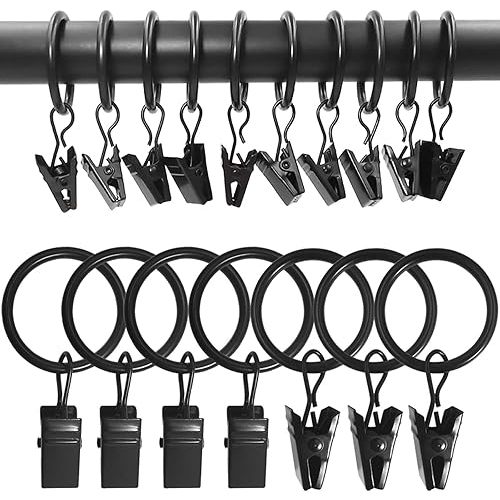 100 Pack Metal Curtain Rings with Clips, Drapery Clips with Rings, Drapes Rings 1 in I D, Fits Diameter 6/8 in Curtain Rod, Black