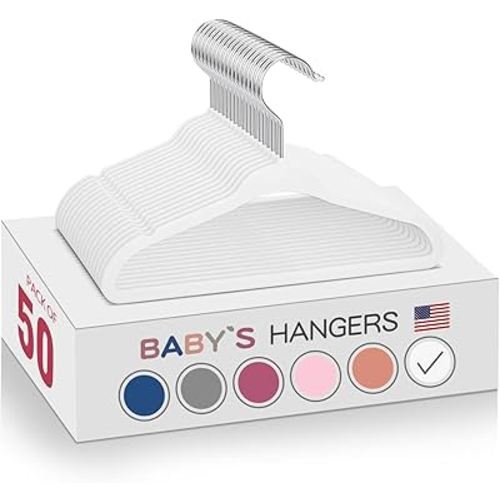 Kids Velvet Hangers 50pack-11 inch Non Slip Baby Hangers, Space Saving Kids Coat Hangers - 360° Swivel Hook, Strong & Durable Infant/Toddler White Hangers
