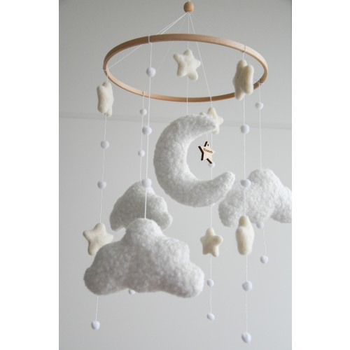 Personalized boucle clouds and moon baby nursery mobile, Neutral baby mobile, Neutral nursery mobile, Clouds mobile, Felted stars mobile