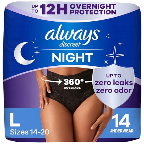 Always Discreet Overnight Adult Incontinence & Postpartum Bladder Leak Underwear for Women, Disposable, Large, 14 Count