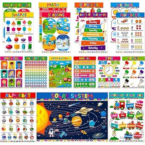 Gethelud 17 Packs Educational Poster, PET Film Covered Preschool Learning Tools for Nursery Kindergarten Toddlers