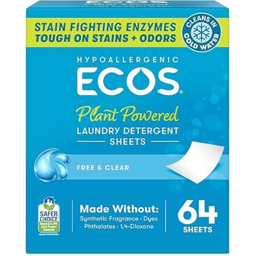 ECOS Laundry Detergent Sheets Vegan, No Plastic Jug, No Mess & Liquid Free - Laundry Sheets in Washer - Hypoallergenic, Plant Powered Laundry Detergent Sheets - Free and Clear - 64 Sheets (Pack of 1)