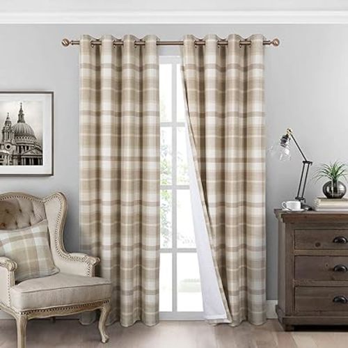 always4u Plaid Curtains for Bedroom Living Room 100% Blackout Thermal Energy Saving Woolen Look Grommet Curtains 84 Inch Length 2 Panels Beige