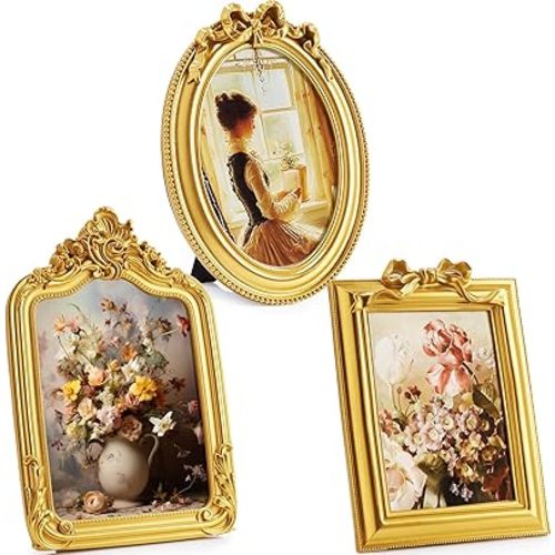 Qunclay 3 Pcs Vintage Resin Picture Frame 4 x 6,5 x 7 Inches Ornate Picture Frames Oval Rectangle Baroque Antique for Wall Hanging Home Wedding (Bow)