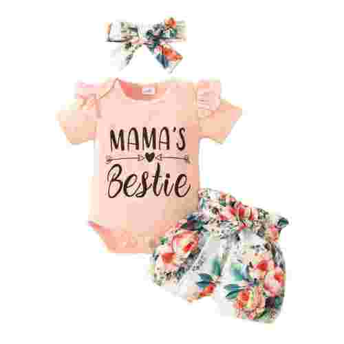 SANSIWU Infant Baby Girl Summer Outfits Letter Print Short Sleeve Romper+Floral Ruffle Shorts+Headband Set