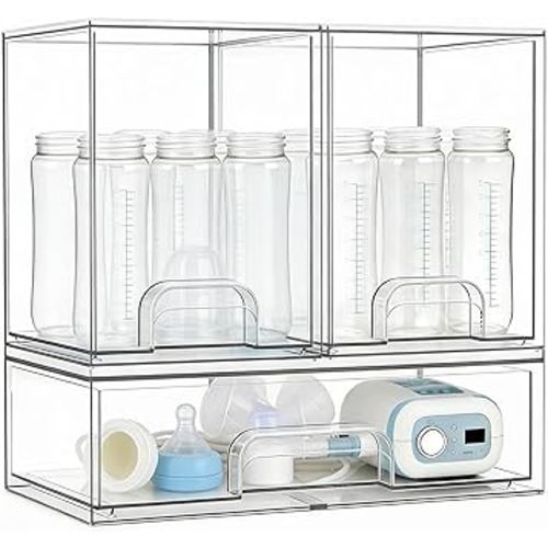 Baby Bottle Organizer, Large Capacity Stackable Acrylic Storage with Non-Slip Pads, for Baby Bottles, Pump Parts, Kitchen Countertop, Pantry, Vanity, 3-Piece