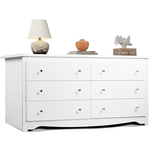 WLIVE Wood White Dresser with 6 Drawer, 59“Wide Chest of Drawers for Bedroom, Long Nightstand with Drawers, Modern Large Storage Tower Unit, Closet Store Organizer for Living Room, Hallway
