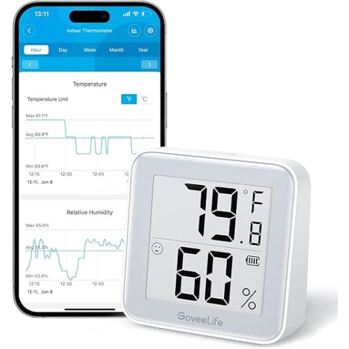 GoveeLife E-Ink Bluetooth Thermometer Hygrometer, Smart Digital Indoor Wireless Temperature Humidity Sensor with Alert, Free Data Storage Export, for Home Room Greenhouse Wall, 1 Pcak (with Battery)