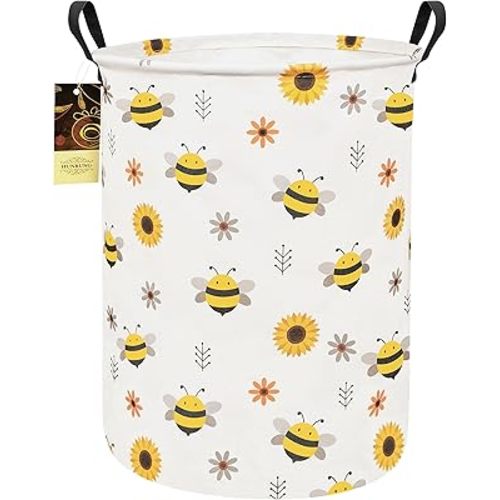 HUNRUNG Laundry Hamper,Large Canvas Fabric Lightweight Storage Basket Toy Organizer Dirty Clothes Collapsible Waterproof for College Dorms(Round-Bee)
