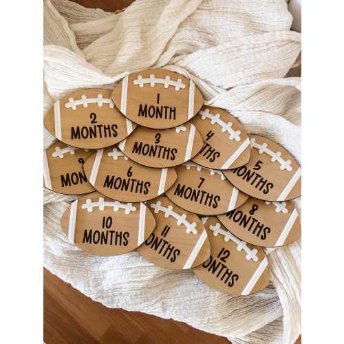 Football Baby Milestone Cards: Engraved Wood Photo Props