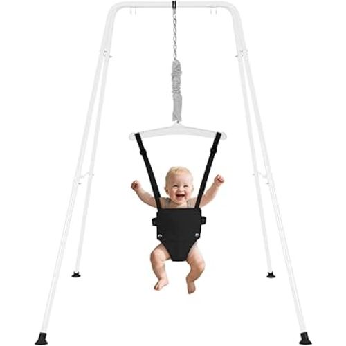 Baby Jumper with Stand, Infant Jumper with Adjustment Strap, Indoor/Outdoor Toddler Swing Set, Baby Jumpers and Bouncers for Boys Girls 6-24 Months, Easy to Assemble & Store (White)