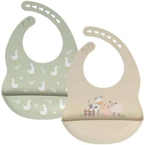 Baby Silicone Bibs 2 Sets Baby Bibs with Food Catcher for Girls Boys Toddlers BPA Free Waterproof Soft Durable