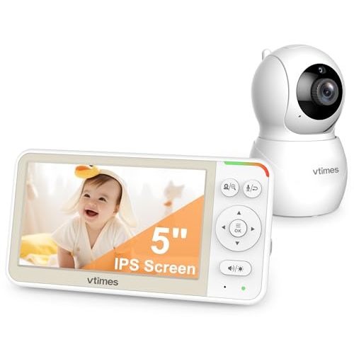 VTimes 5'' Screen Video Baby Monitor with Camera and Audio, 32-Hour Battery, Baby Monitor No WiFi Remote Pan-Tilt-Zoom VOX, Two-Way Talk Night Vision Temperature Display Alarm 8 Lullabies and 1000ft