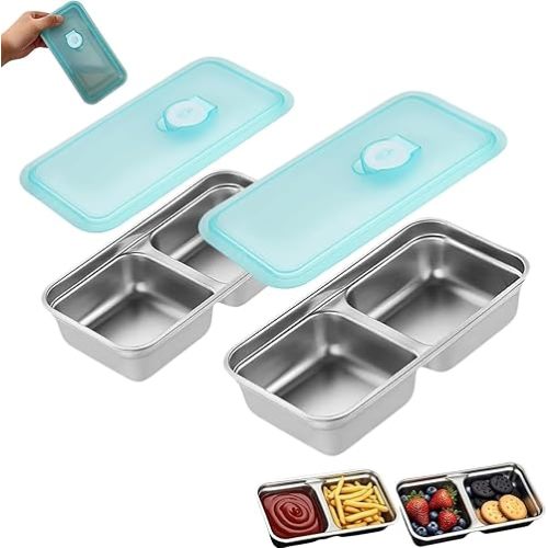 Grab and Go Snack Containers Reusable, Stainless Steel Double Compartment Snack Containers, Leakproof & Airtight Food Storage Container s, Ideal for Lunch, Snac ks Dips, Condiments