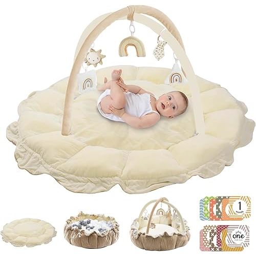 5-in-1 Convertible Baby Play Gym with 6 Toys, Tummy Time Mat for Sensory Development, Baby Activity Center from Newborn to Toddler, Ball Pit, Cat & Dog Bed, Soft Plush Pet Bed, No Ball Included Cream
