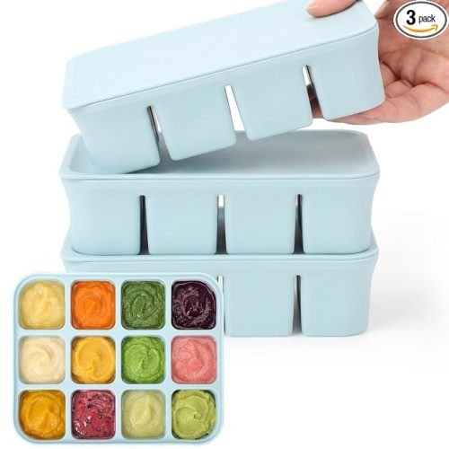 Mimorou 3 Pack Baby Food Freezer Tray with Lids 2.13 oz x 6 Cups/1.15 oz x 12 Cups Silicone Baby Food Storage Container Ice Cube Molds for Homemade Vegetable Fruit Snack(12 Cups,Blue)