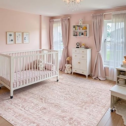 Lahome Boho Area Rugs 5x7,Pink Rugs for Bedroom Girls Floral Nursery Rug,Living Room Rug Carpet Ultra-Thin Soft Washable, Kids Rugs for Playroom Baby Room Decor Dining Room (Pink, 5'X7')