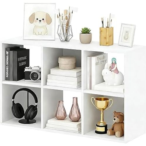 6-Cube Storage Organizer, White Bookshelf with Open Compartments for Home Office, Modern Bookcase Display Shelf for Living Room, Bedroom & Entryway