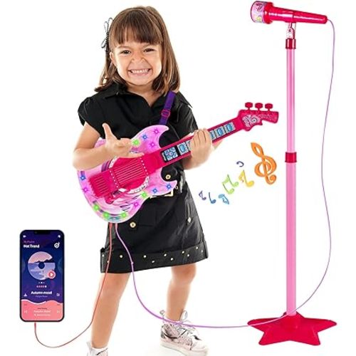 Guitar and Microphone Play Set for Girls,Karaoke Machine with Music&Light,Microphone Toys with Stand,Adjustable Height Guitar Toys for Kids,Toddlers,Child(Red)