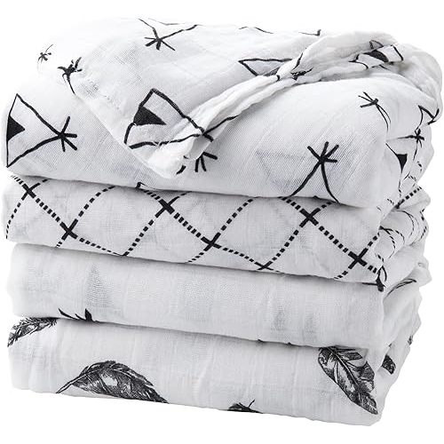 upsimples Baby Swaddle Blanket Unisex Swaddle Wrap Soft Silky Muslin Swaddle Blankets Neutral Receiving Blanket for Boys and Girls, Large 47 x 47 inches, Set of 4-Arrow/Feather/Tent/Crisscross