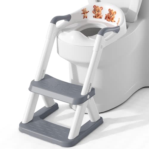 SKYROKU 8868 Potty Training Seat with Step Stool - Adjustable Height, Non-Slip, Splash-Proof, Foldable 2-in-1 Toddler Potty Seat with Armrests and Replaceable Cushion - Fits Most Toilets (Grey)