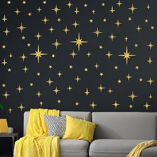 3 Sheet Gold Glitter Star Wall Stickers, Removable Sparkle Star Wall Decals for Bedroom, Classroom, Playroom, Nursery